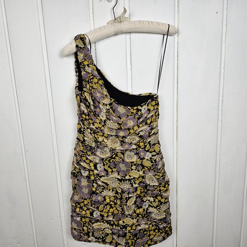 Zara Small Metallic Gold Purple Floral Chiffon One Shoulder Ruched Mini Dress - Picture 7 of 10